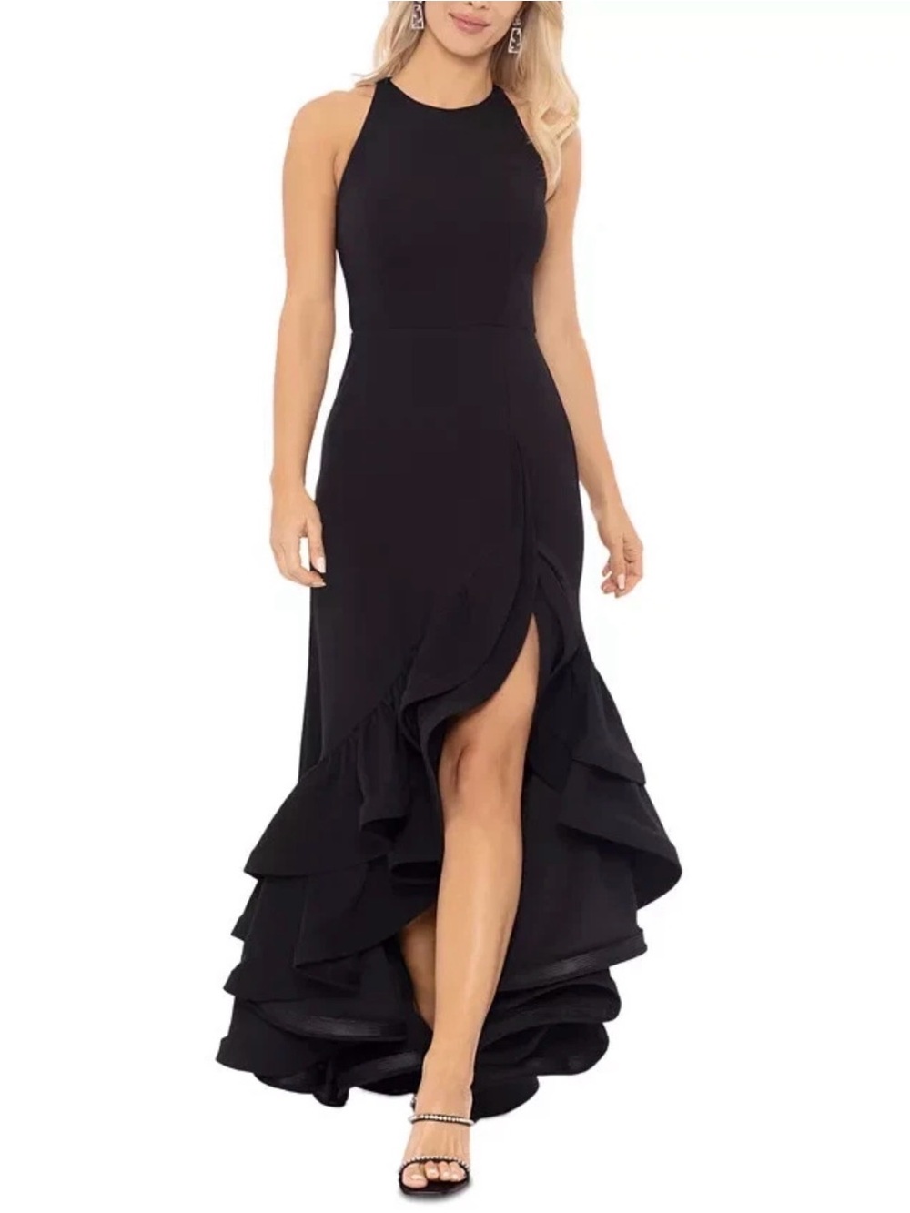 Betsy Adam Elegant Black Ruffle High-Low Dress